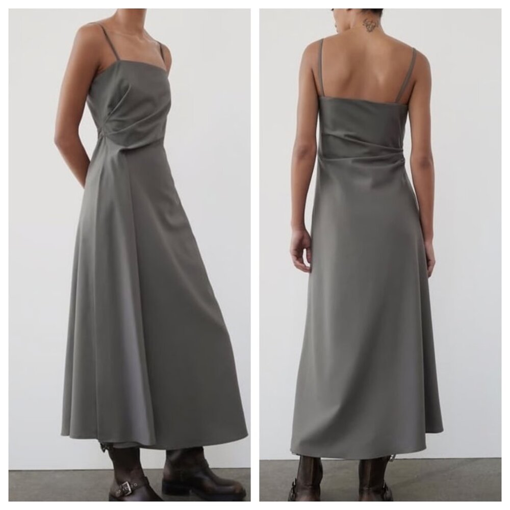 ZARA ZW Collection Side Ruched Wool Midi Dress Gray